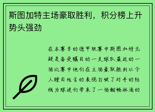 斯图加特主场豪取胜利，积分榜上升势头强劲